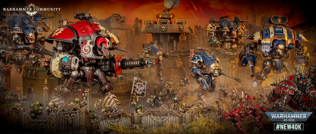 Epic Warhammer 40,000 battle scene with towering armored tanks clashing and infantry fighting in a ruined city backdrop.