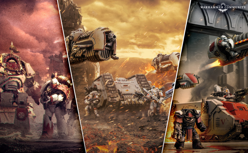 Three-panel Warhammer battle banner showing armored troops, tanks, and walkers amid explosions.