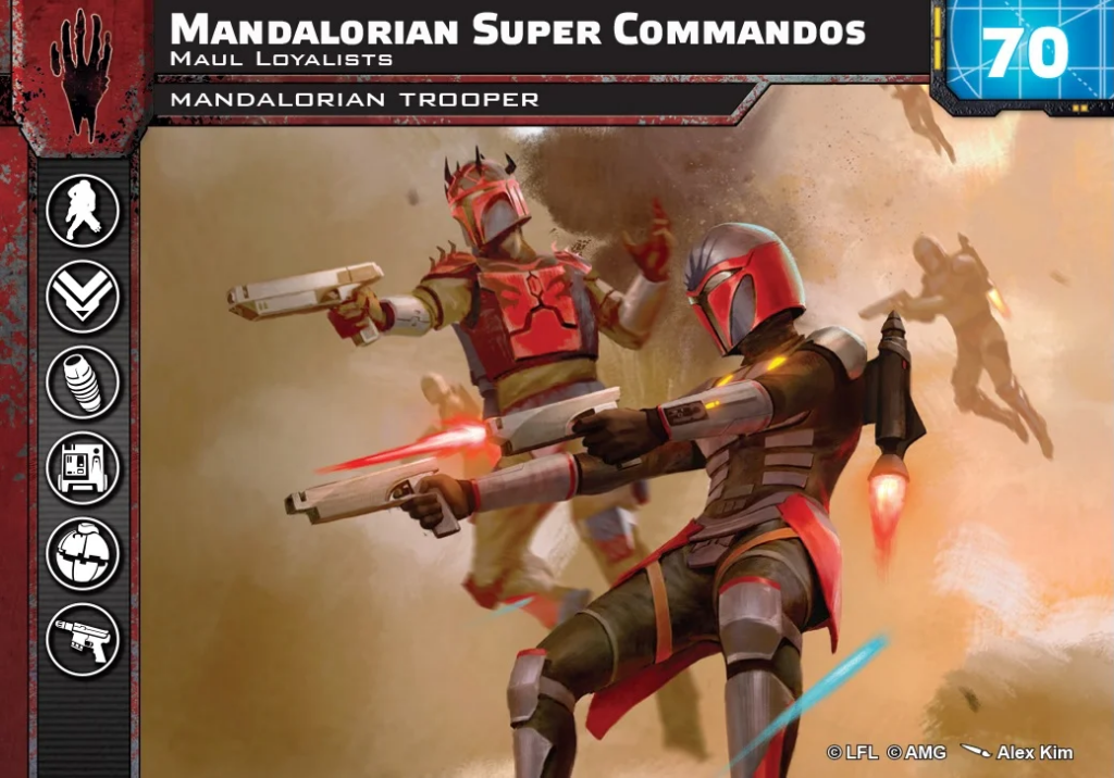 Screen from Mandalorian Super Commandos game: red-armored Mandalorians firing blasters in a desert battle, left-side vertical menu visible, blue '70' badge top-right.