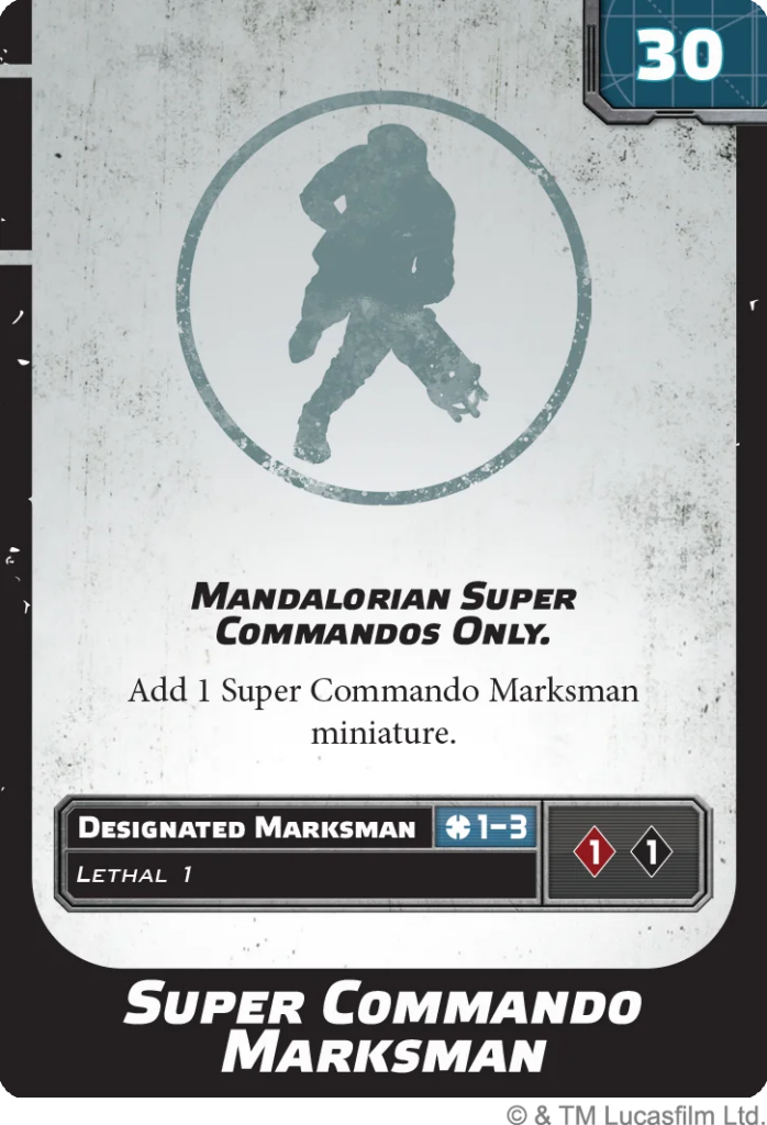 Weathered game card art showing a silhouette of a Mandalorian in a circle, with the title 'Mandalorian Super Commandos Only' and the instruction 'Add 1 Super Commando Marksman miniature.' A lower banner reads 'Designated Marksman' with lethality and unit icons, and 'Super Commando Marksman' at the bottom.