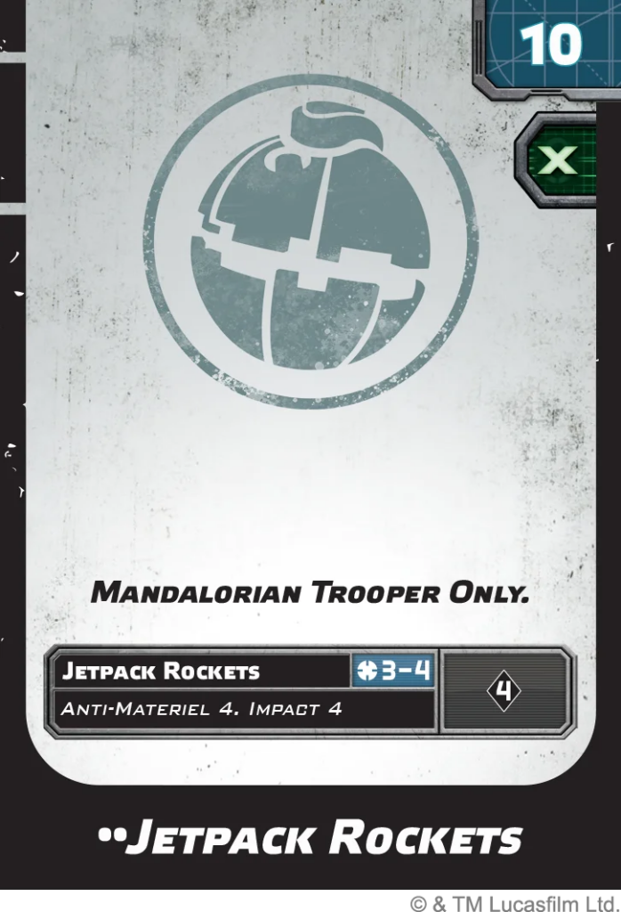 Card titled 'Mandalorian Trooper Only' featuring a cracked globe emblem, with Jetpack Rockets ability and stats 3-4; includes Anti-Materiel 4 and Impact 4.