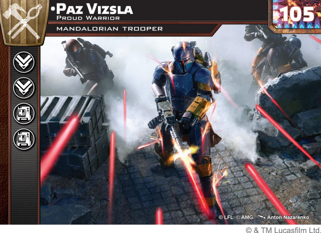 image Frontline Gaming Trading card style image of Paz Vizsla, a Mandalorian warrior in blue armor, advancing amid red laser fire on a rocky battlefield.