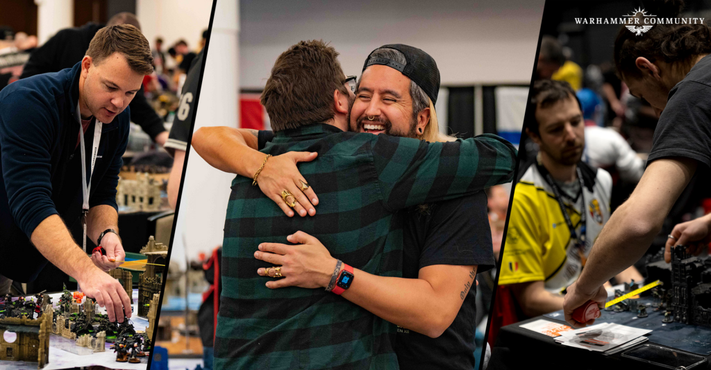 Three-panel collage at a tabletop gaming event: left man adjusts miniatures, center two players hug, right player works on models; Warhammer Community logo top right.