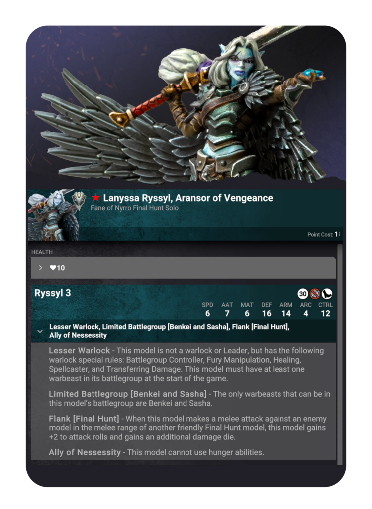image Frontline Gaming Winged blue-skinned female warrior in detailed armor wielding a red spear, on a fantasy game card image to represent a character.