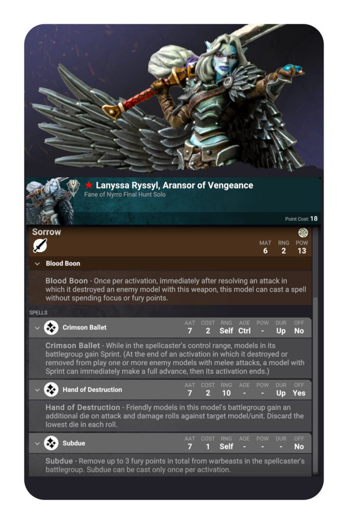image Frontline Gaming Winged armored elf warrior figure with a sword, on a dark fantasy card screen reading 'Lanyssa Ryssyl, Aranser of Vengeance' with stats and spell text panels.