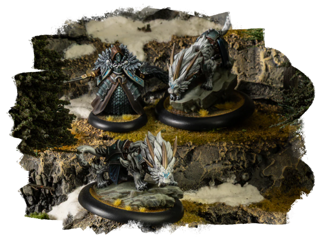 image Frontline Gaming Three fantasy miniatures on a rugged rocky diorama: a heavily armored knight, a dragon with a spiky mane, and a crouching dragon on a base with grass tufts and mossy rock features.