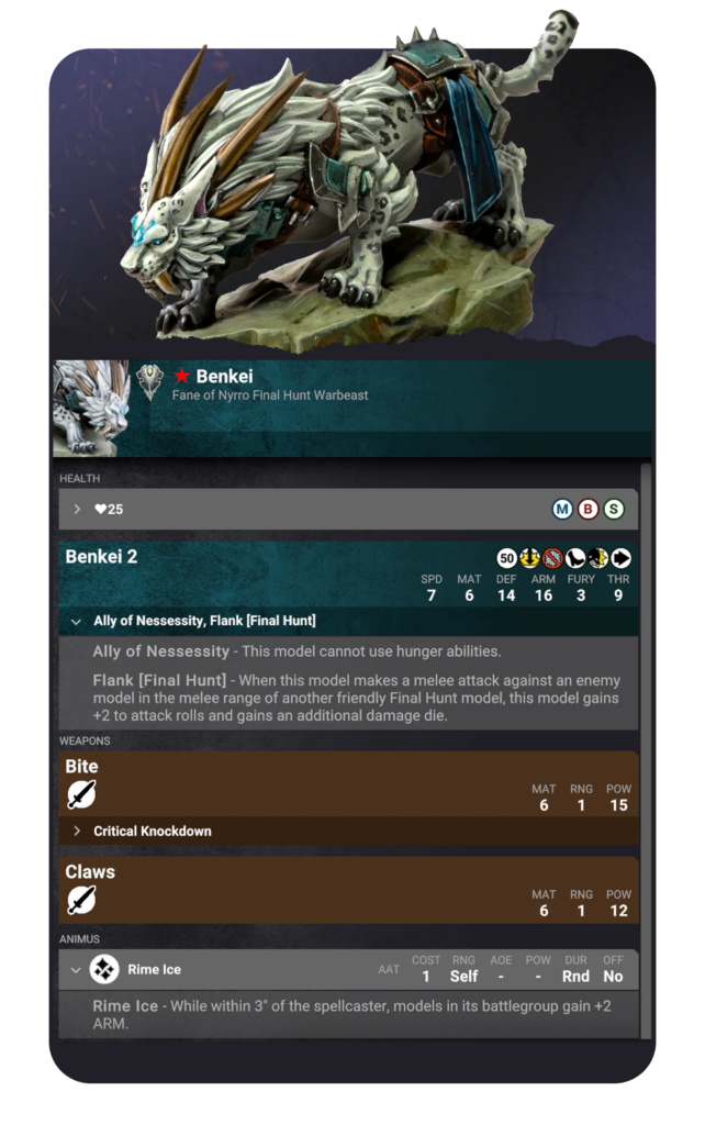 image Frontline Gaming 3D model of Benkei, a white dragon-wolf warbeast with teal armor and spiked mane, perched on a rocky pedestal with a dark background.