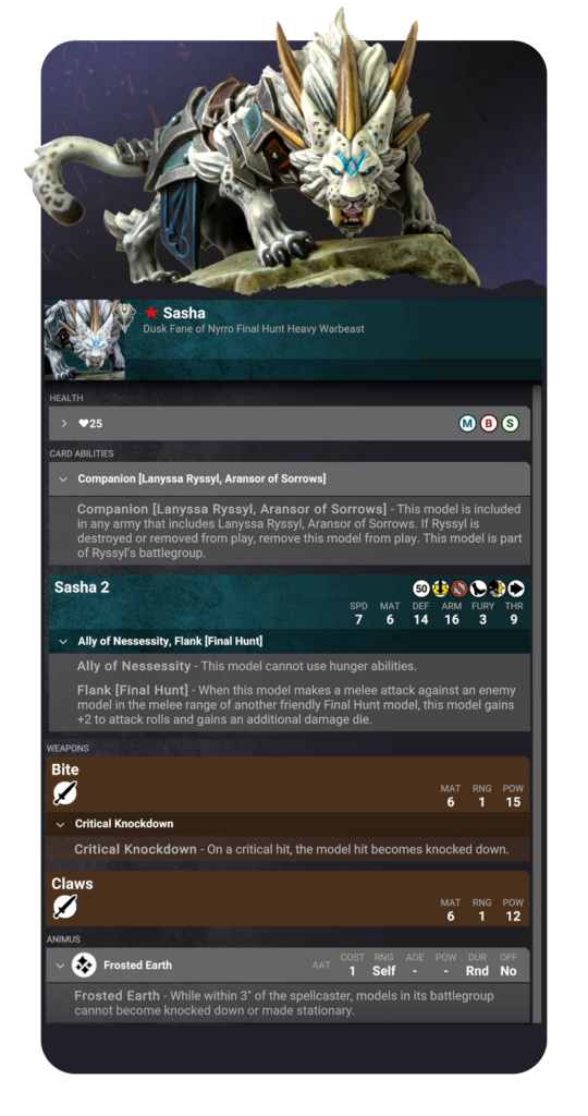image Frontline Gaming Character card for Sasha, a wolf-like warbeast, with name, subtitle, and on-screen stats and abilities visible.