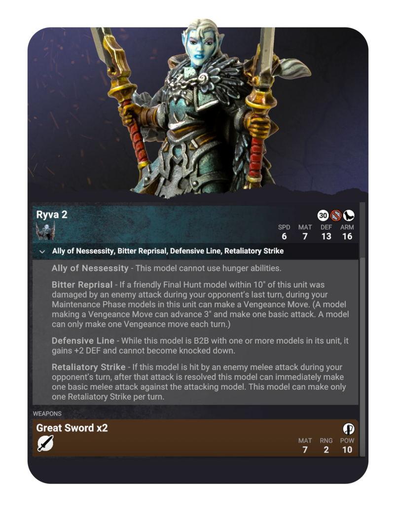 image Frontline Gaming Ryva 2: blue-skinned elf warrior in ornate armor wielding twin swords on a game card with stats on the right.