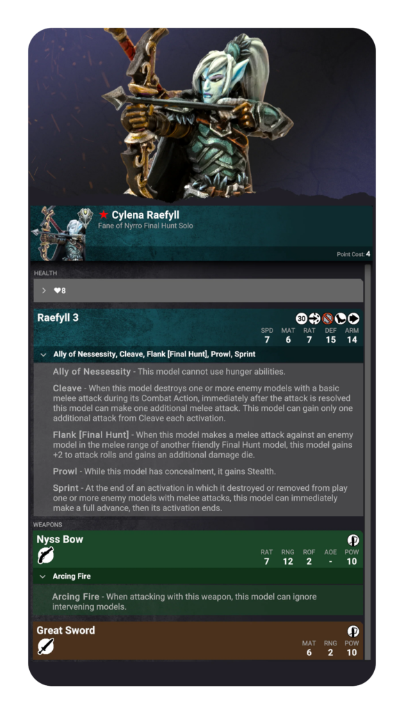 image Frontline Gaming Character card for Cylen Raefyll in a fantasy game, archer with a bow; shows name, stats, and ability descriptions.