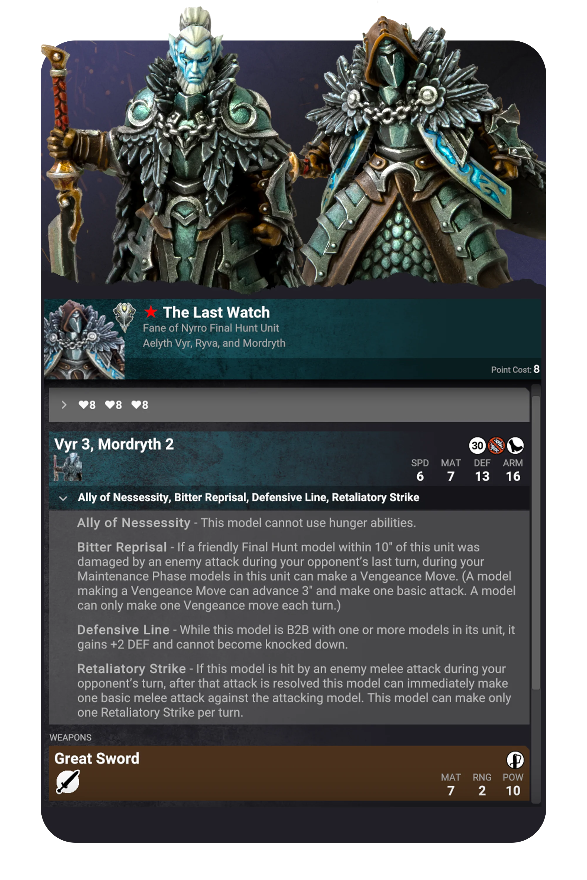 image Frontline Gaming Two ornate teal-silver armored warriors from a fantasy card game, shown as a unit card titled 'The Last Watch' with stats and descriptive text.