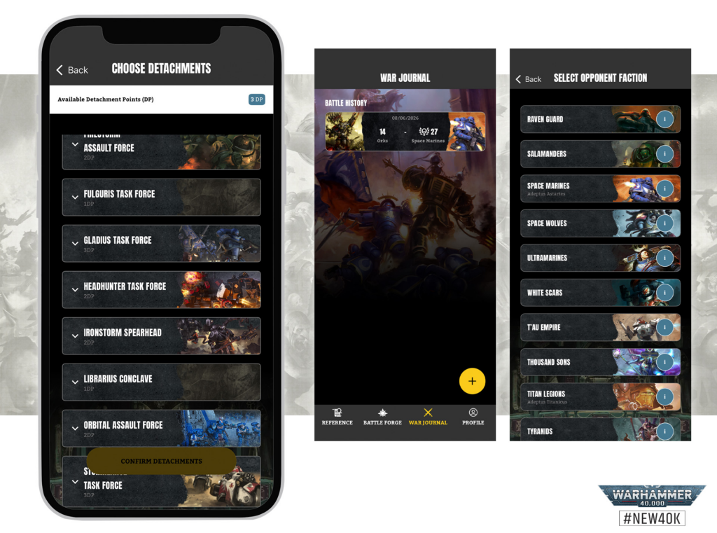 Three smartphone screens showing a Warhammer app: left screen lists detachments with point values, middle screen shows a War Journal header with battle image, right screen lists selectable opponent factions with cards.