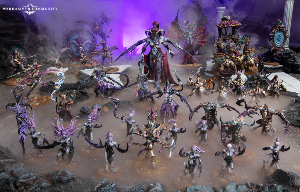 Epic Warhammer fantasy battle scene with purple-skinned demons clashing amid ruins and purple mist.