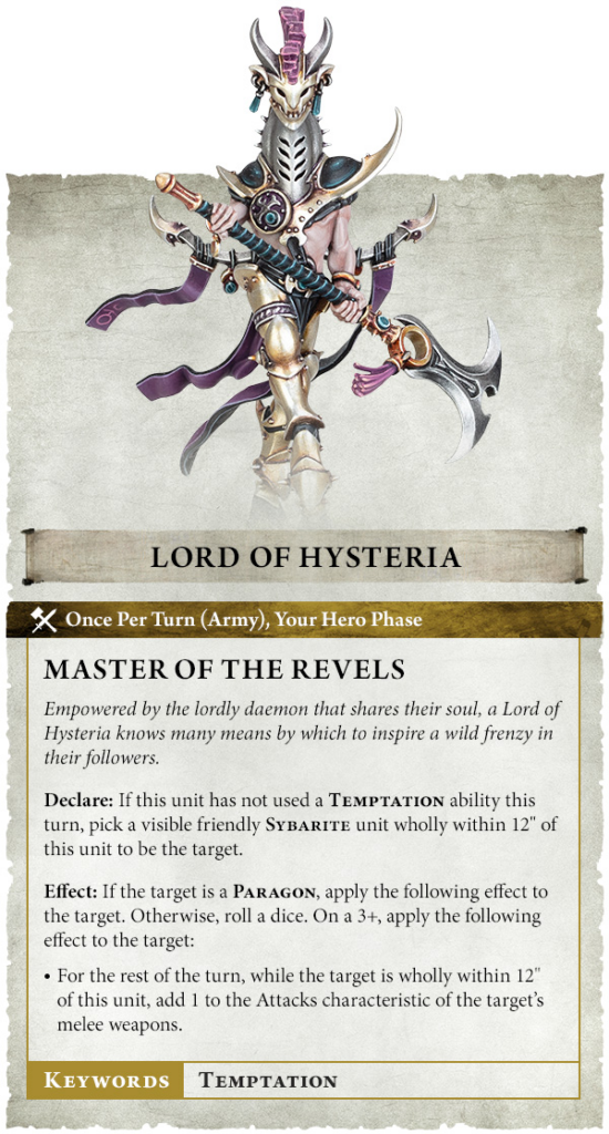 Fantasy game card titled 'Lord of Hysteria' featuring an armored skeletal warrior wielding a double-bladed polearm; banner reads 'Master of the Revels' with flavor text about Temptation and Paragon rules and dice effects for the unit.