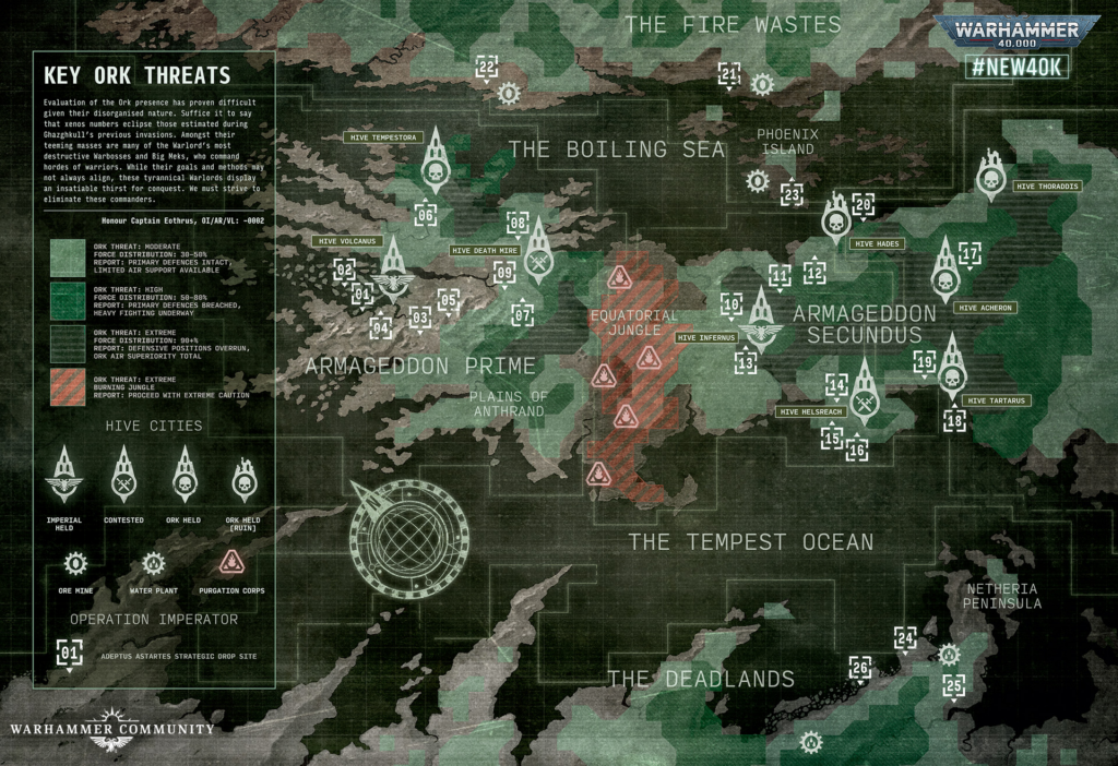 image Frontline Gaming Strategic Warhammer map showing regions, hive cities, and threat icons with a left panel legend.