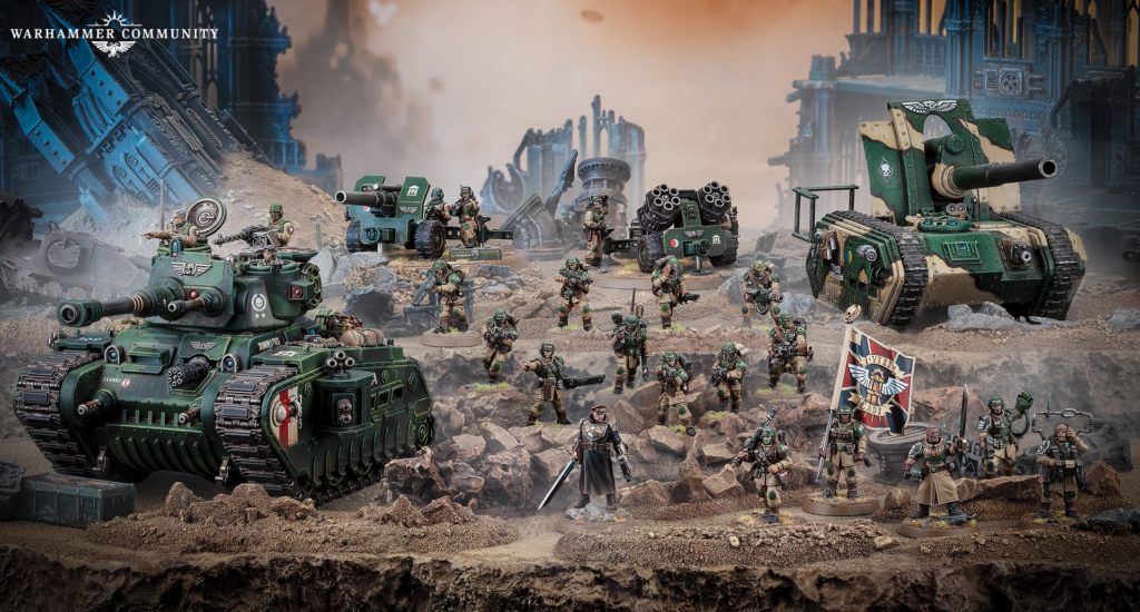 Warhammer 40k battle scene with green Imperial Guard tanks, squads, and ruined cityscape in the background.
