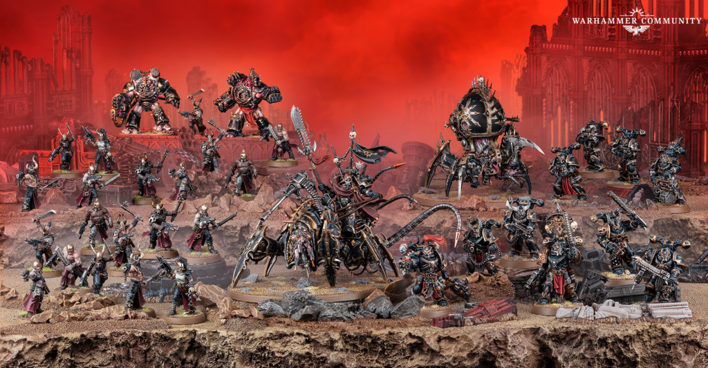 Warhammer miniatures battle scene on a ruined battlefield under a red sky, with numerous Chaos warriors and a large spiked demon centerpiece.