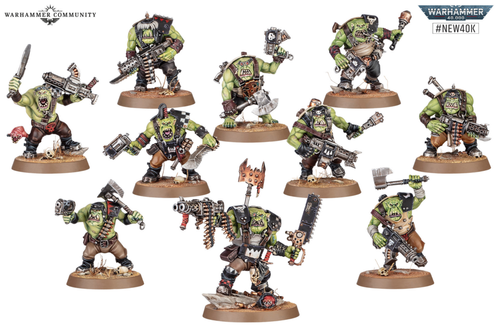 image Frontline Gaming Group of green-skinned orc miniatures posed with weapons on brown bases, part of a Warhammer collection image