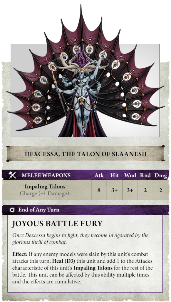 Dexcessa, the Talon of Slaanesh—Me﻿lee Weapon card showing a demon with massive winged talons; weapon: Impaling Talons (Atk 8, Hit 3+, Wnd 3+, Rnd 2, Dmg 2); End of Any Turn: Joyous Battle Fury description.