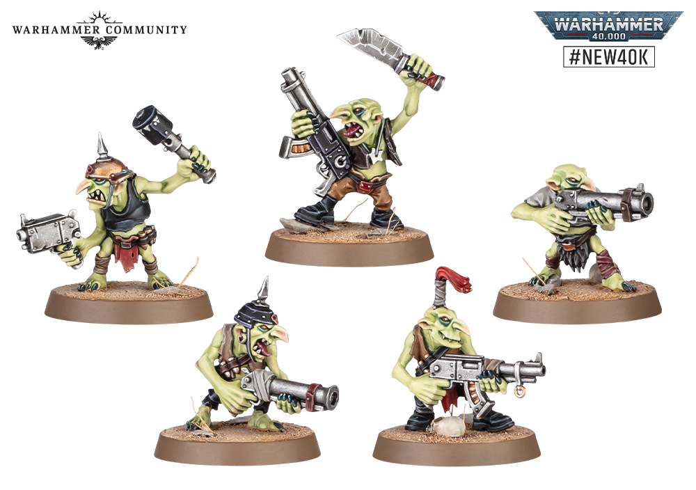 image Frontline Gaming Five goblin miniatures armed with guns and blades on round bases; Warhammer Community and #NEW40K logos appear in the top corners.