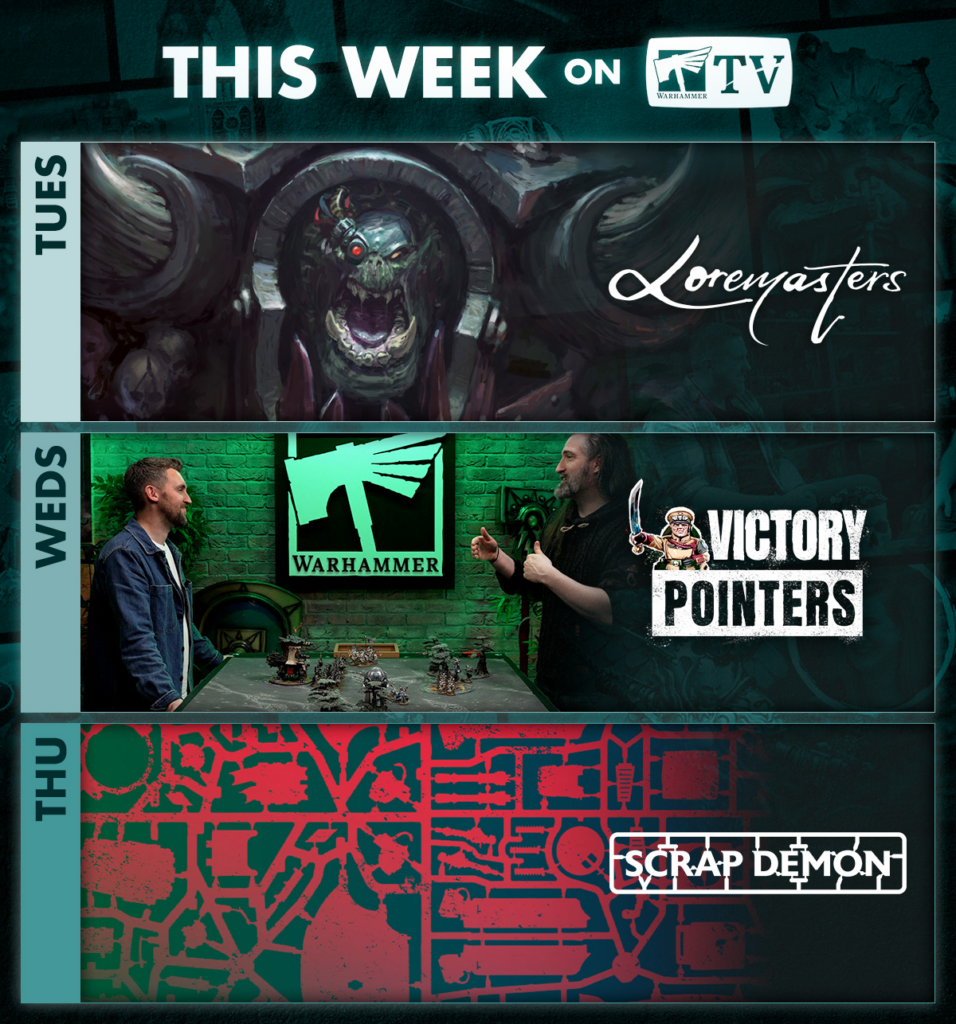 Poster-style schedule for This Week on Warhammer TV: Tuesday features Loremasters artwork in a dark frame margin.