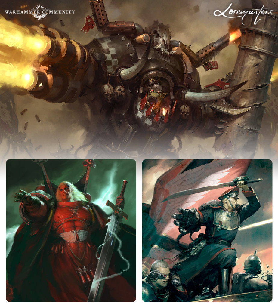 Massive war machine blasts fire across a smoky battlefield; inset panels show a red-armored swordsman and a banner-wielding knight.