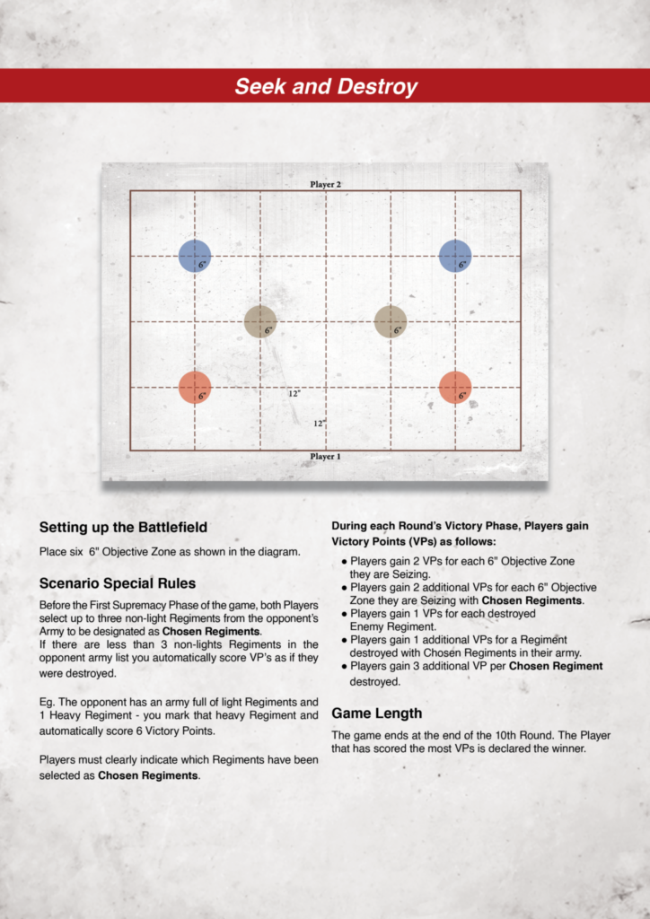 Battlefield diagram for Seek and Destroy showing a grid with six colored objective zones and Player 1/2 labels.