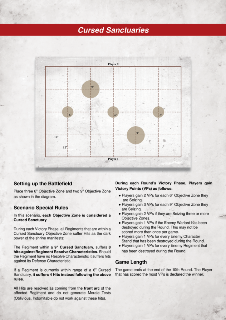 Rule sheet page titled "Cursed Sanctuaries" showing a grid battlefield diagram with six brown objective disks and text sections about setup and victory points.