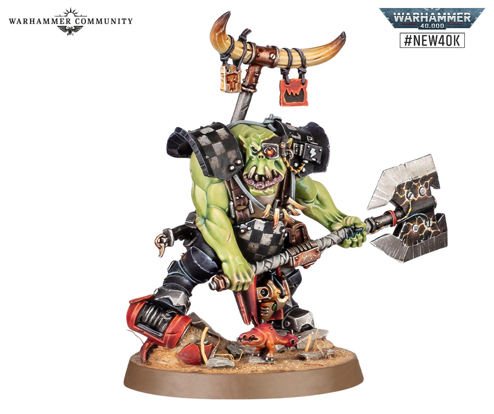 image Frontline Gaming Green-skinned orc battle miniature in black armor, wielding a large double-headed axe, standing on a textured rocky base with small debris.