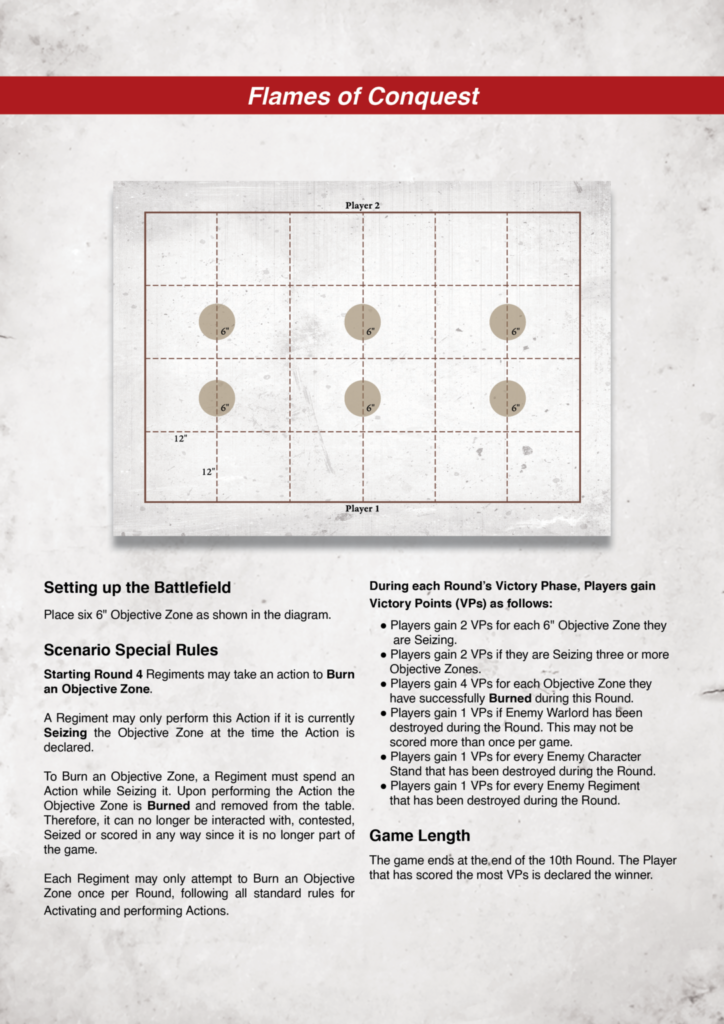 Poster titled Flames of Conquest showing a grid-based battlefield diagram with six beige objective markers.