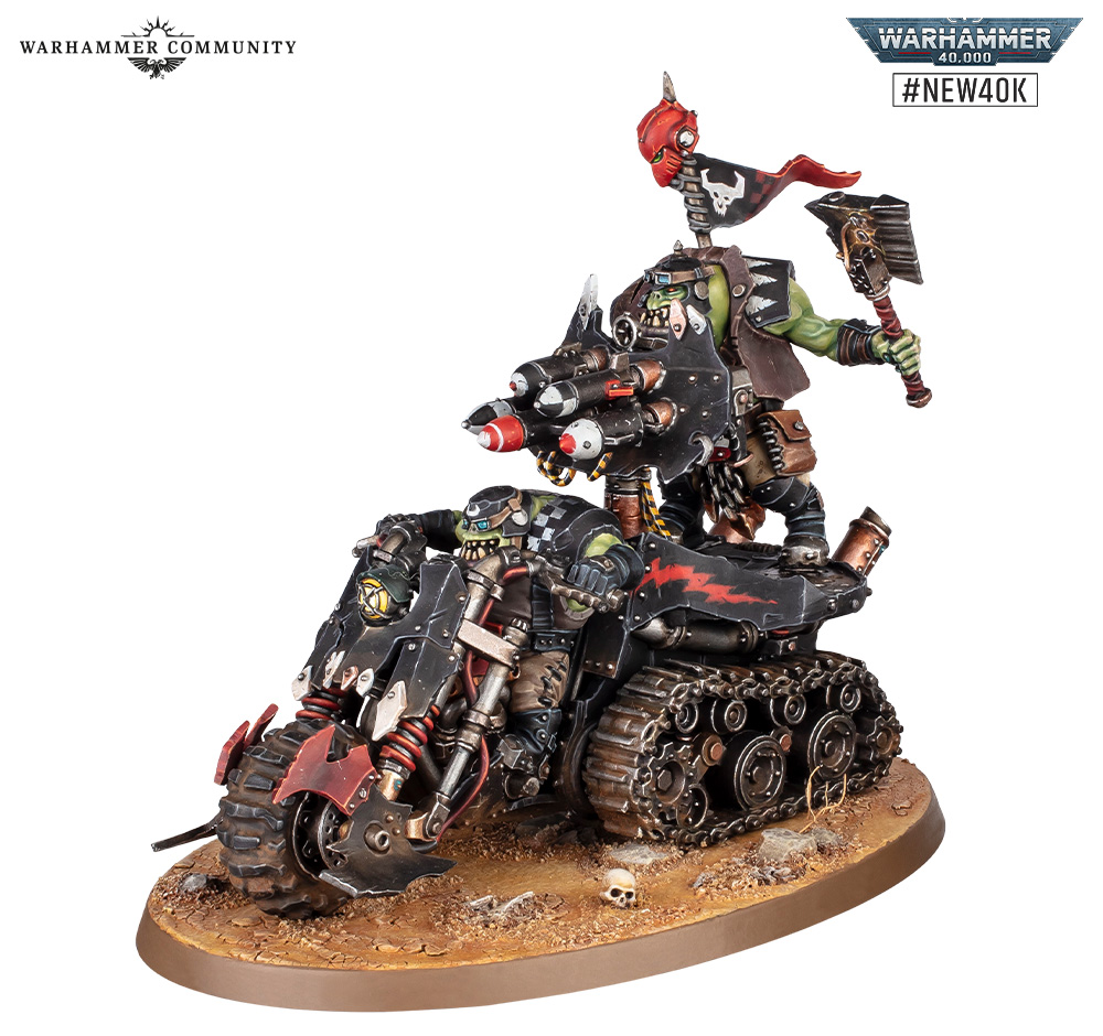 image Frontline Gaming Warhammer 40,000 Ork on a ramshackle armored bike with a second ork standing on top, wielding an axe and banner, on a dusty base.