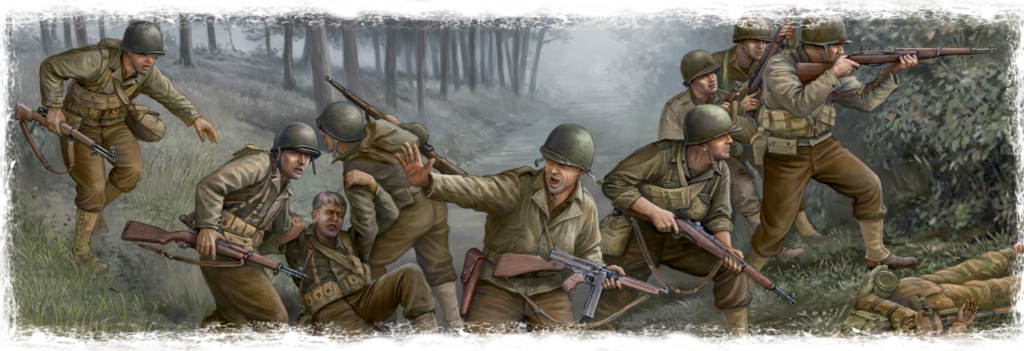 image Frontline Gaming World War II infantry advancing through a forest, rifles raised and ready for combat, smoke and trees in the background.