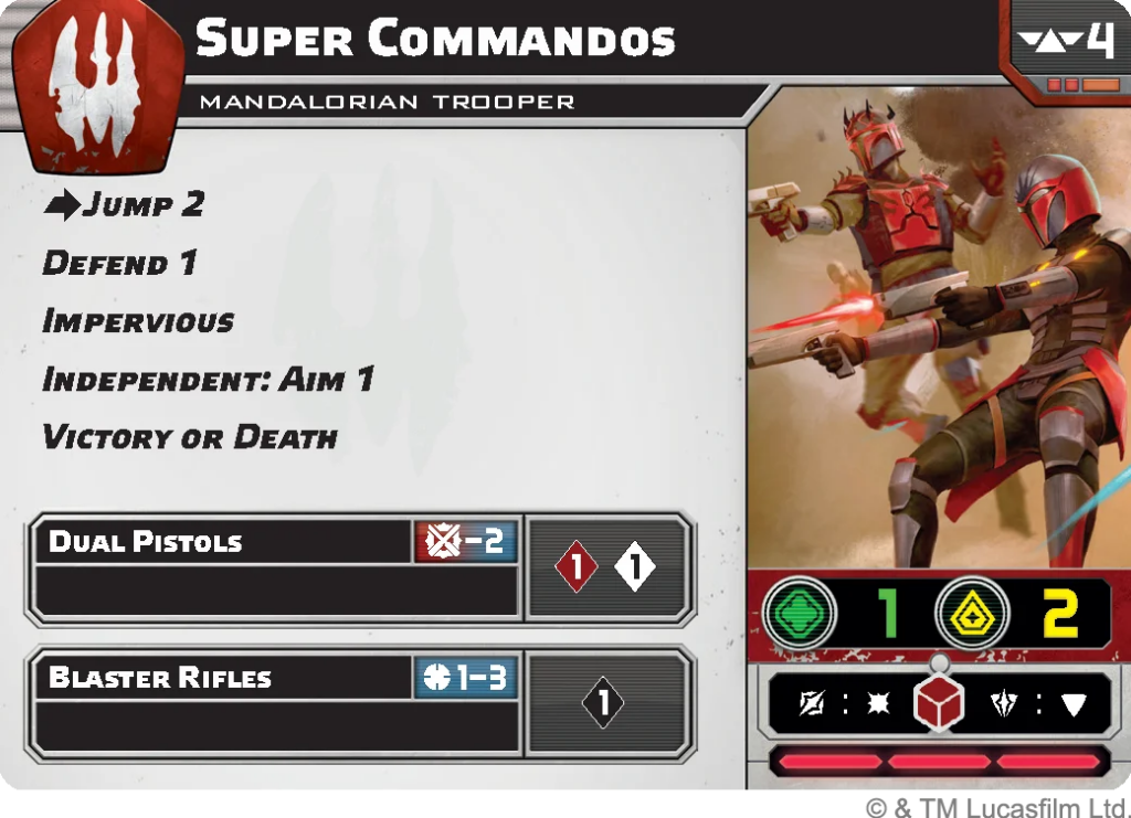 image Frontline Gaming UI screen for Super Commandos: Mandalorian Trooper game. Left panel lists actions (Jump 2, Defend 1, Impervious, Independent: Aim 1, Victory or Death) and two unit cards: Dual Pistols and Blaster Rifles. Right shows battle art with two armored Mandalorians and bottom status icons with scores 1 and 2.