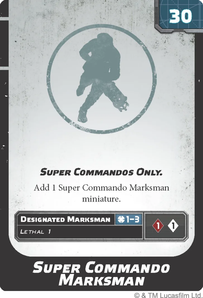 image Frontline Gaming Card image for a tabletop game: silhouette of a commando inside a circle with 'Super Commandos Only' and 'Designated Marksman' text and stats (Lethal 1).