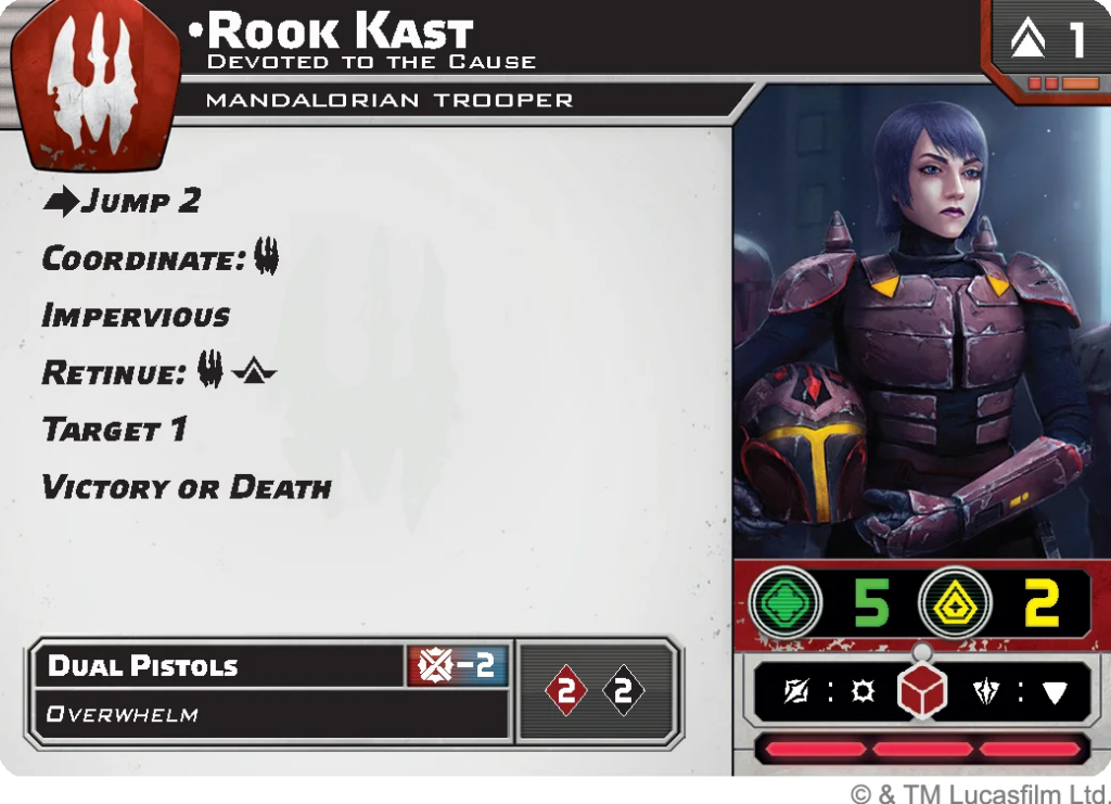 image Frontline Gaming Card-style game screen: left panel lists abilities (Jump 2, Coordinate, Impervious, Retinue, Target 1, Victory or Death); right shows a female Mandalorian trooper portrait with resource counters.