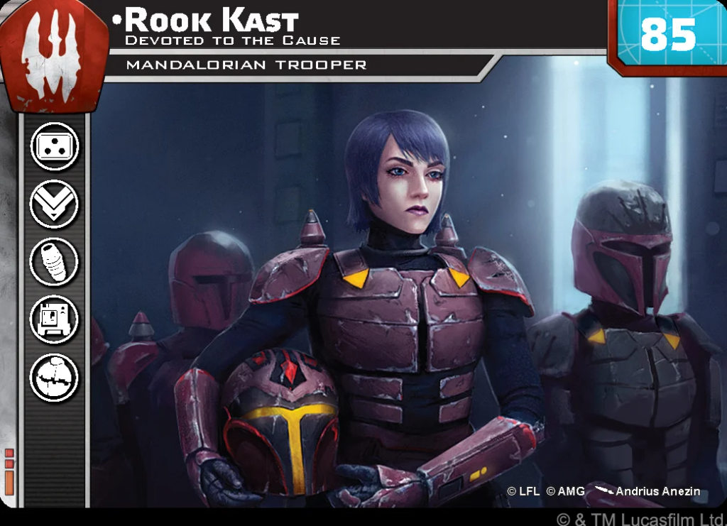 image Frontline Gaming Front view of a blue-haired female Mandalorian in red armor, holding her helmet, with teammates in armor behind her in a sci-fi game scene.