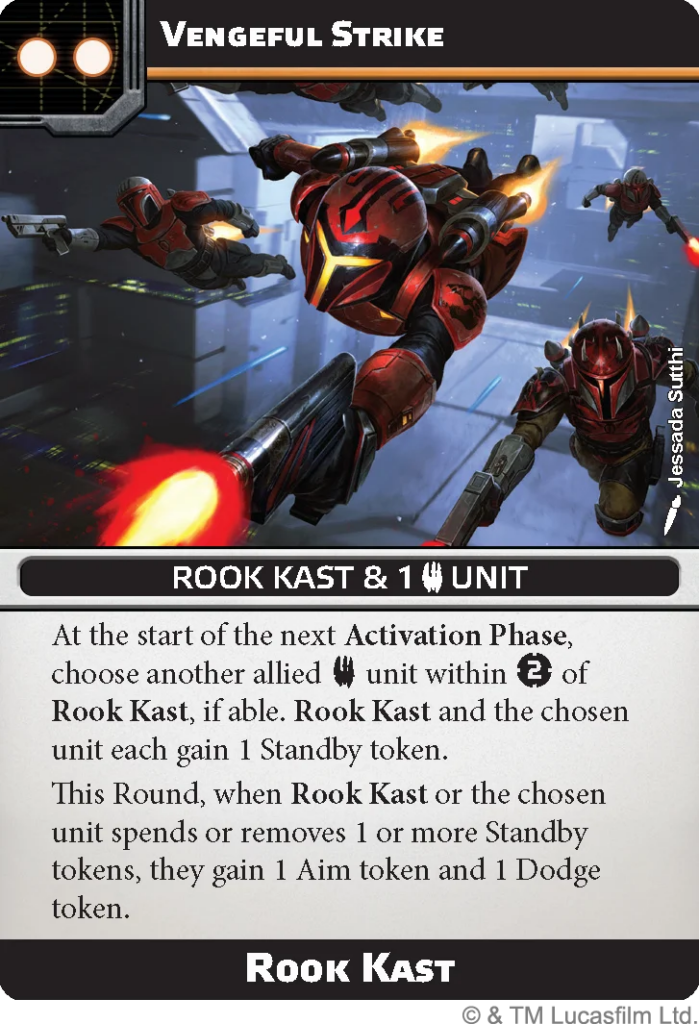 image Frontline Gaming Card image titled Vengeful Strike showing red-armored Rook Kast charging with blasters in a space battle, action scene central to gameplay.
