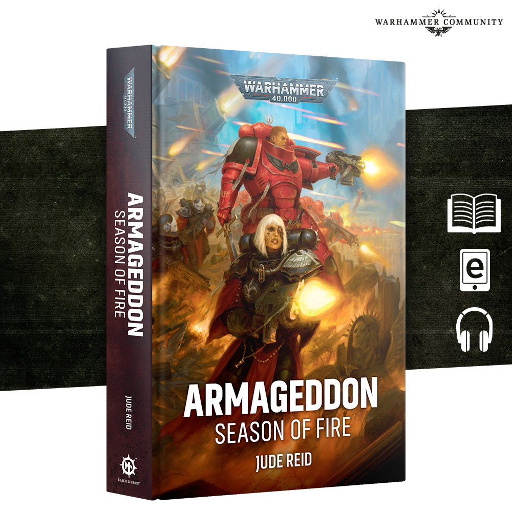 image Frontline Gaming Boxed copy of Armageddon: Season of Fire by Jude Reid, Warhammer 40,000 cover art showing armored soldiers in battle with fiery backdrop.