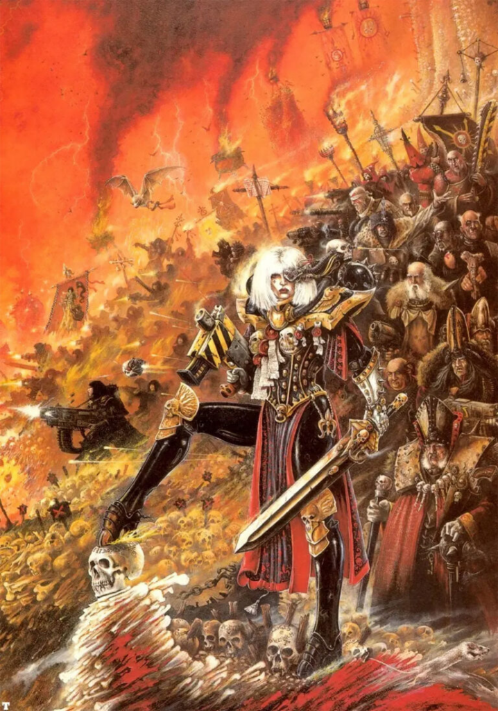 Armored warrior with white hair and a large sword leads a fiery fantasy battlefield surrounded by skulls and demons of war.