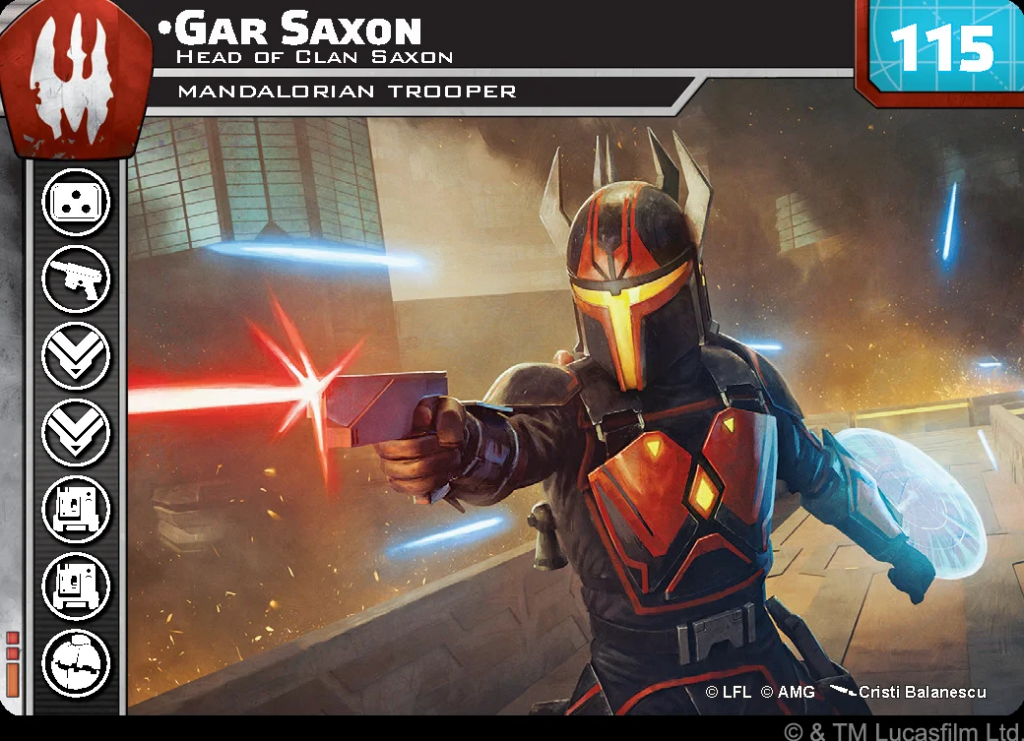 image Frontline Gaming Gar Saxon Mandalorian trooper fires a red laser from a blaster on a rooftop battle scene.