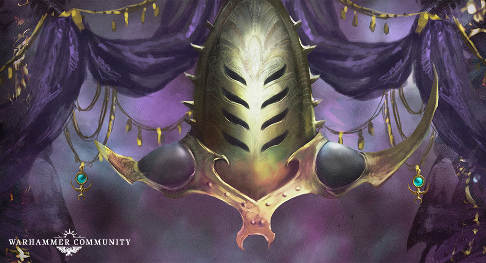 image Frontline Gaming Ornate gold helmet with ribbed face mask and curved horns, draped in purple banners with turquoise gems; Warhammer Community logo bottom-left.