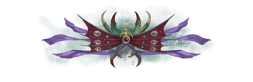 image Frontline Gaming Symmetrical fantasy creature with burgundy wings, purple ribbons, and a green horned center set against a pale watercolor splash.