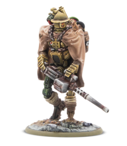 Detailed miniature sci-fi soldier with a brown cape and brass armor, holding a large rifle on a rocky base.