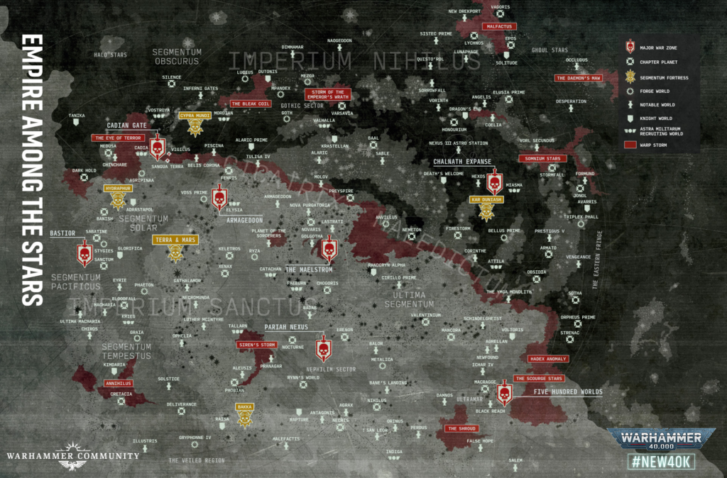 Map of the Warhammer 40k Imperium Nihilus region showing labeled worlds, warp storms, and faction symbols on a dark galactic backdrop.
