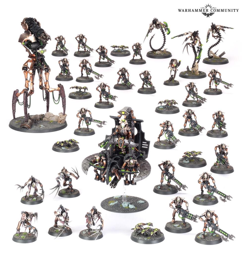Group of Warhammer 40k Tyranid miniatures, featuring a towering central model on a throne and many smaller infantry figures on round bases; Warhammer Community logo visible.
