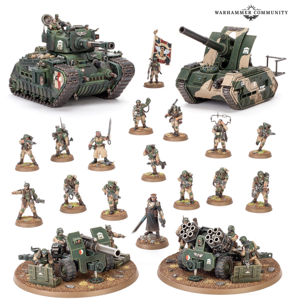 Warhammer 40k miniatures: two green tanks, artillery, and many infantry models on round bases, ready for battle.