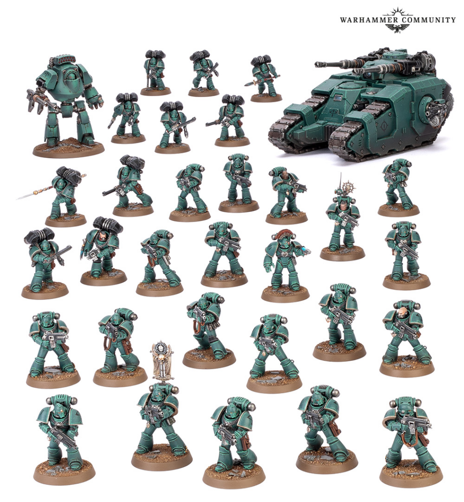 Group of teal-green Space Marines with bolters and melee weapons arranged around a large teal armored tank on circular brown bases, studio shot with Warhammer Community logo.