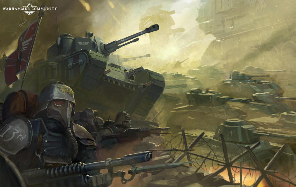 Frontline Warhammer battle scene: a large tank charges from a trench while soldiers in power armor fire below a smoky, yellow-lit battlefield.