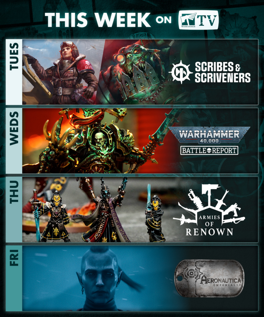 This Week on Warhammer TV banner with teal theme and a schedule listing Tuesday through Friday panels below the header.