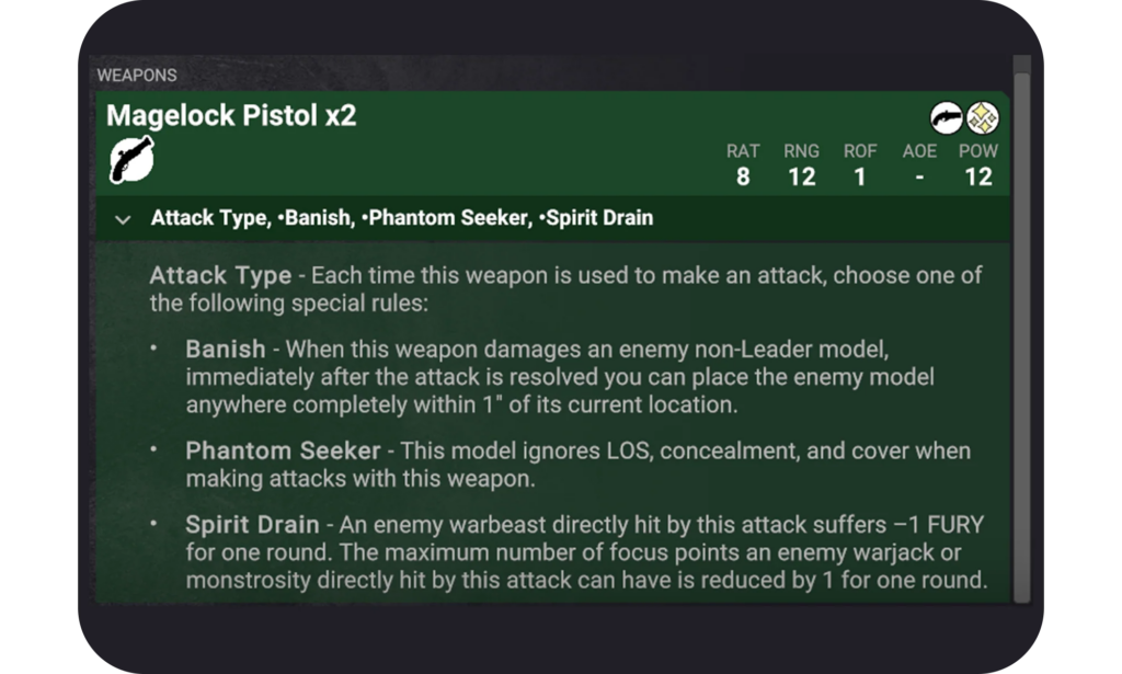 image Frontline Gaming In-game weapon card for Magelock Pistol x2 showing stats and attack-type descriptions (Banish, Phantom Seeker, Spirit Drain).